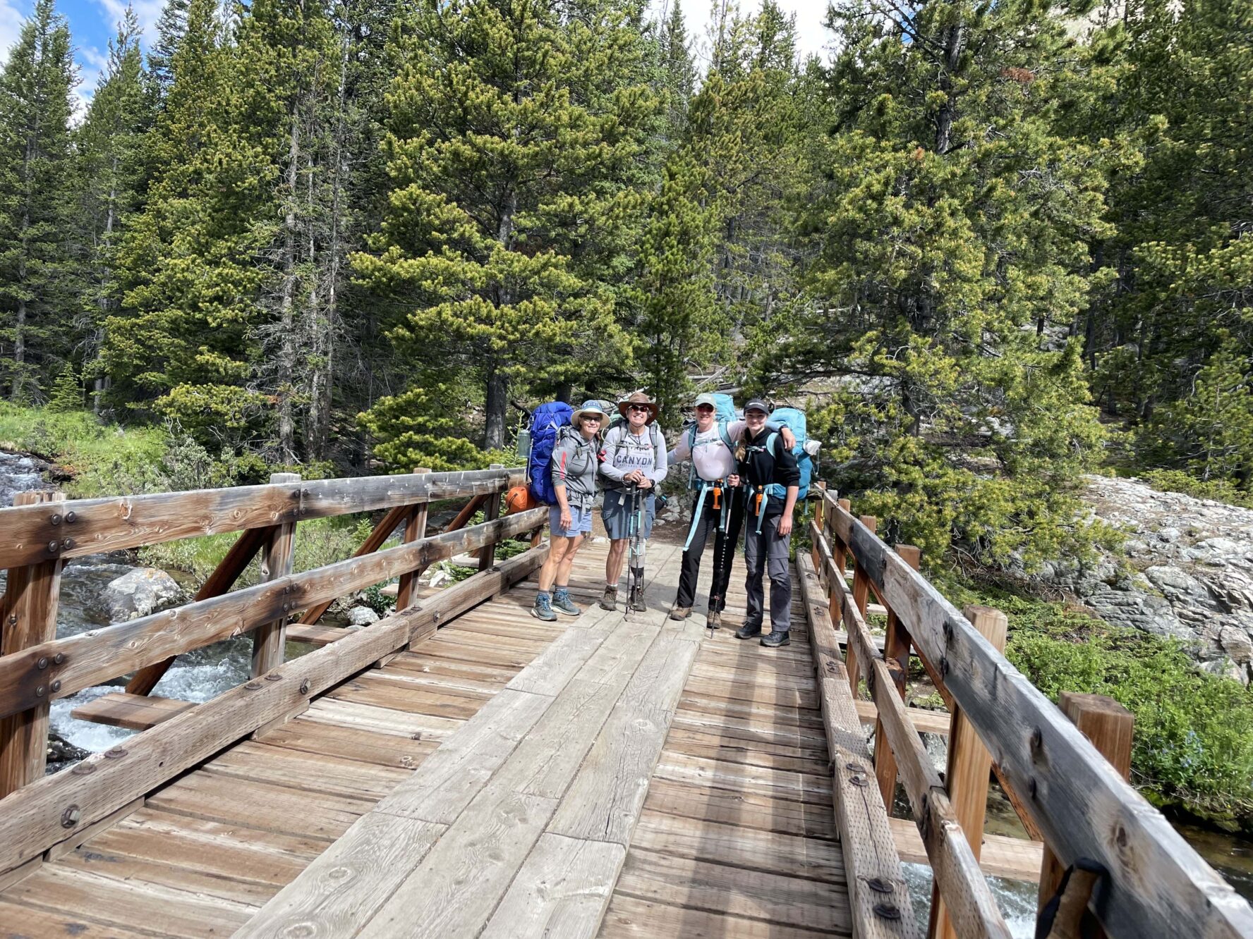 Hikers on a bridge in Beartooth Mountain