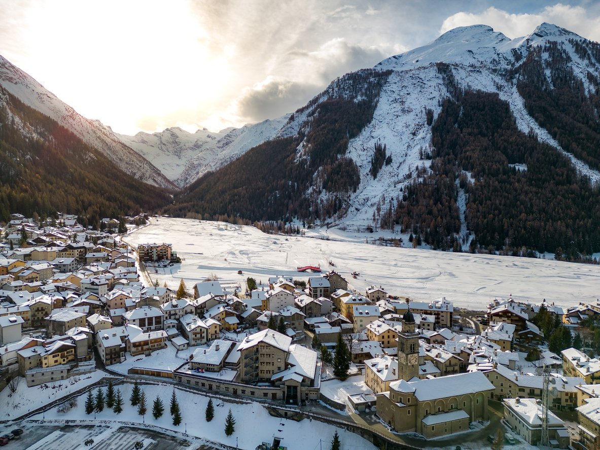 Aerial view of the Italian mountain town of Cogne during winter.