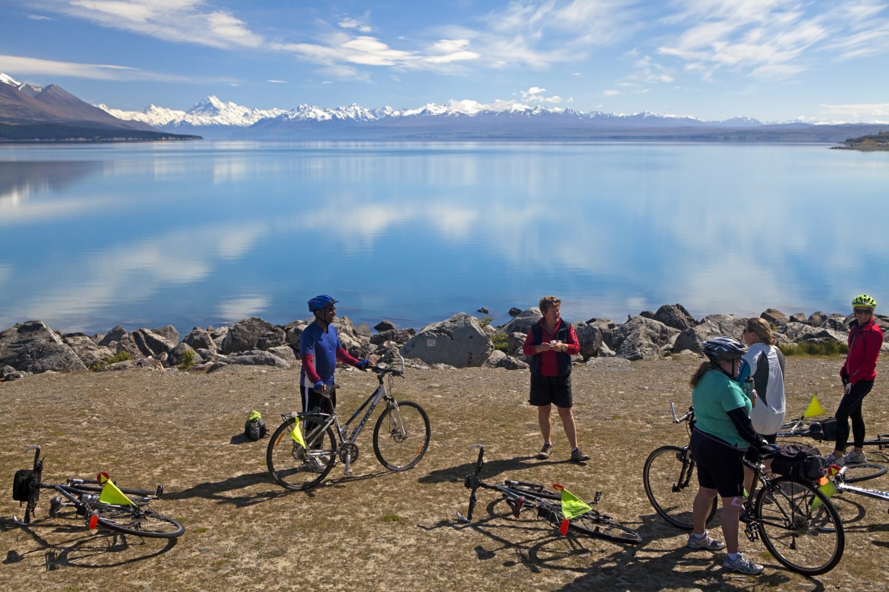 Cycling group near Lake Pukaki near Mt Cook, New Zealand