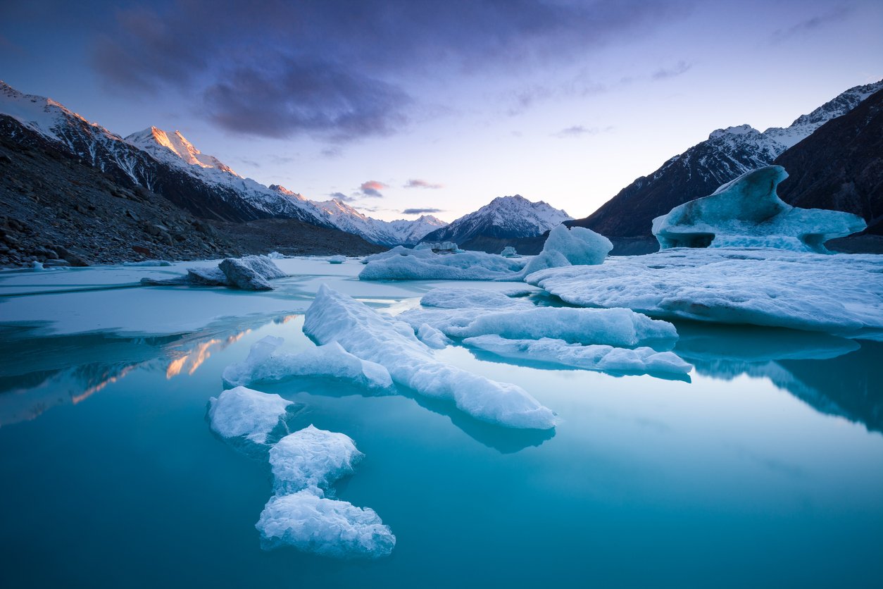 Glacial landscapes in UNESCO-protected Aori/Mt Cook National Park, NZ.