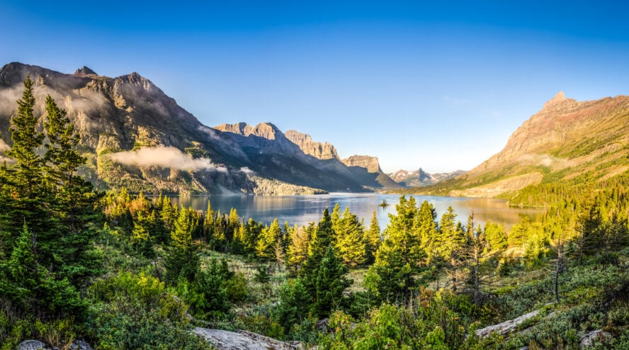 Panorama showing mountains within Glacier National Park.