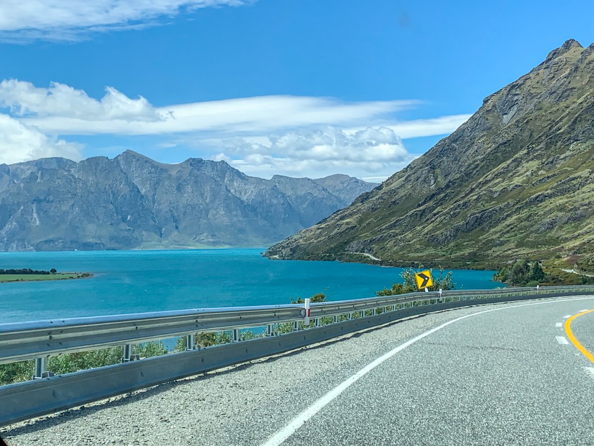 A road used for cycling along the shores of lake Wanaka in New Zealand.