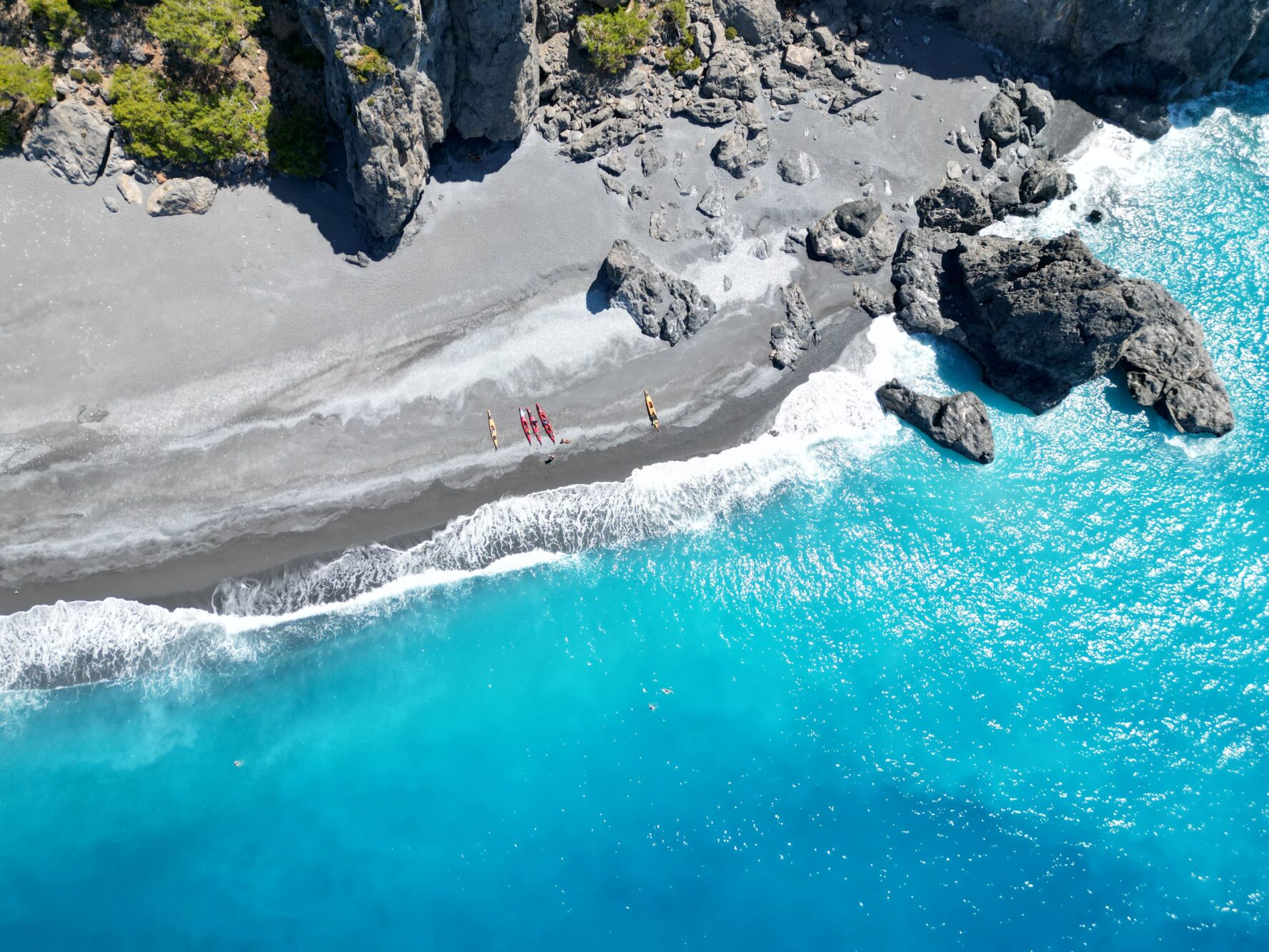 Aerial view of kayaks and the beach, Crete