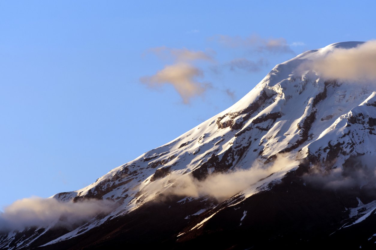 The snow-capped cone of the Chimborazo volcano, Ecuador.