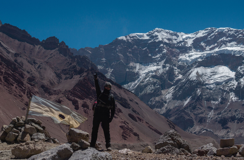A happy mountaineer in the Andes, near the summit of Aconcagua.