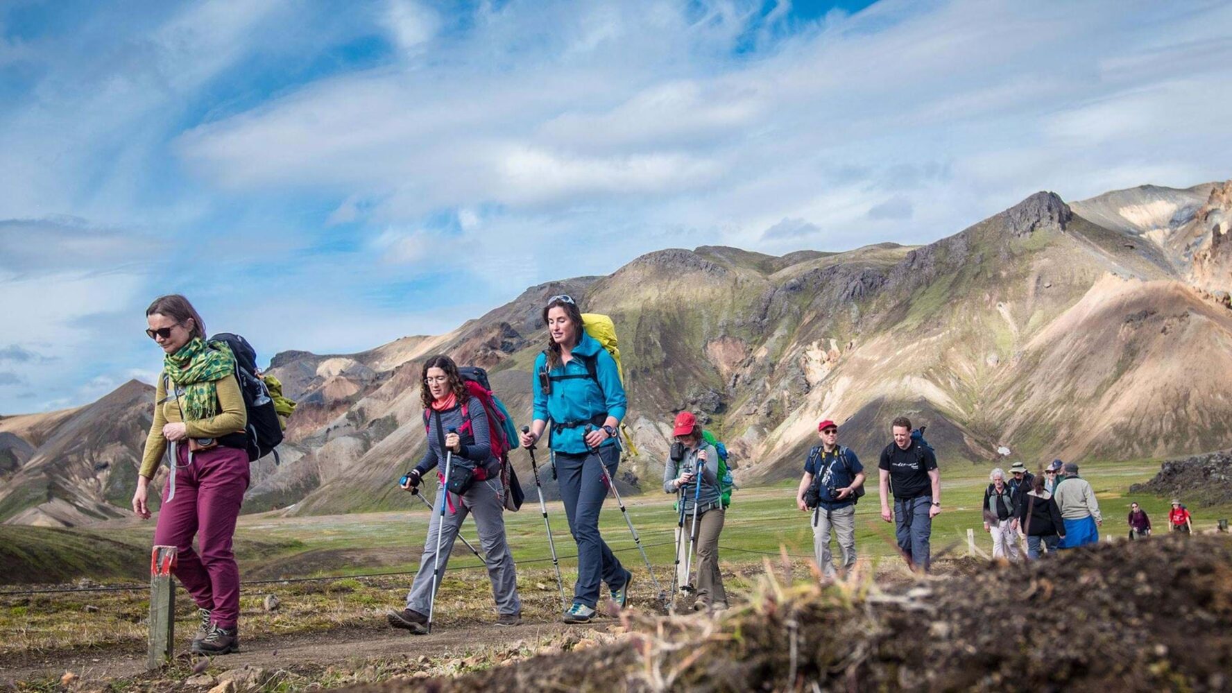 Hikers walking through Landmannalaugar
