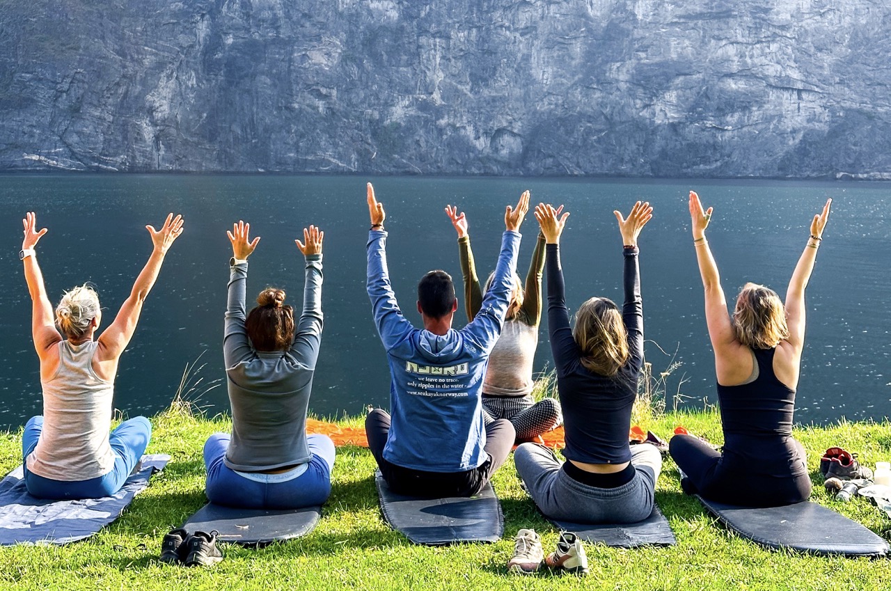 The group doing morning yoga
