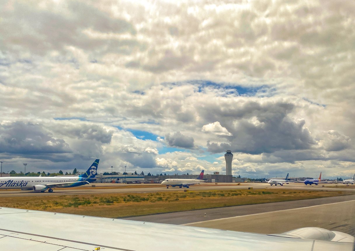 Seattle-Tacoma Airport and planes seen from the distance.