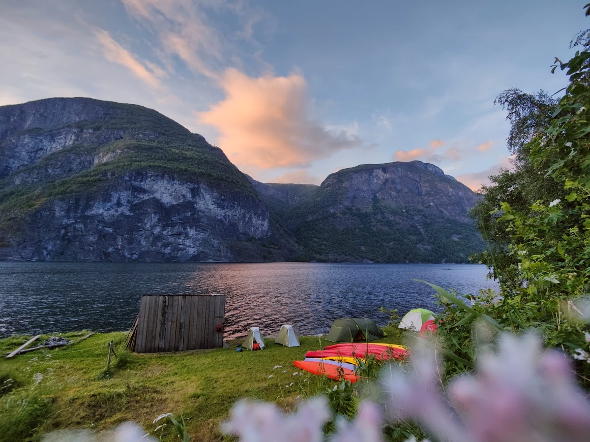 Campsite in Stokko, early evening, mountains in the background