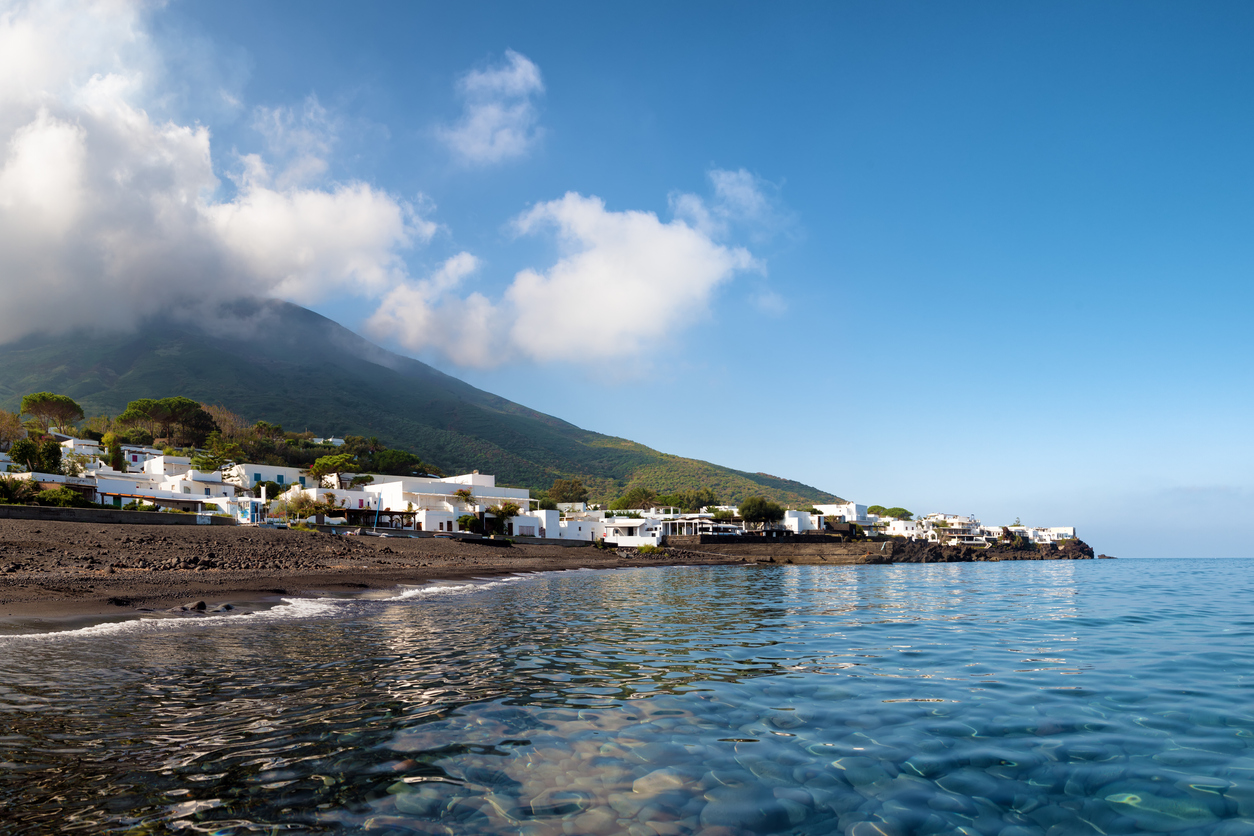 The village of Ginostra, at the foot of the Stromboli volcano, seen from the sea.