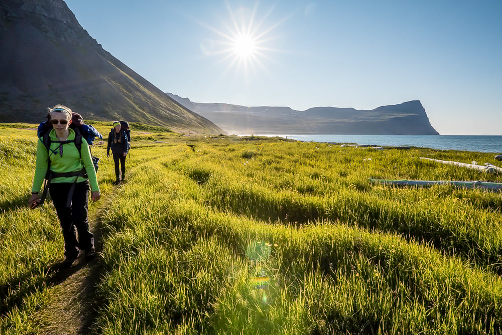 Backpackers hiking across a lush tundra field surrounded by basalt mountains, Iceland.