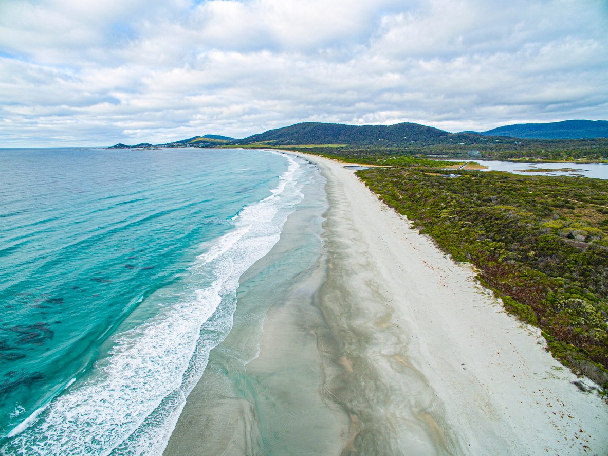 A sand beach near the town of Bicheno, on Tasmania’s east coast.
