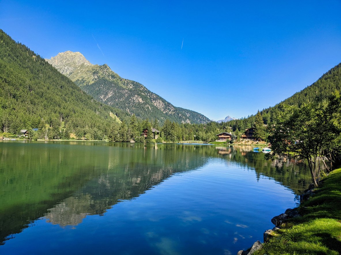 A Swiss Alpine lake and village of Champex.