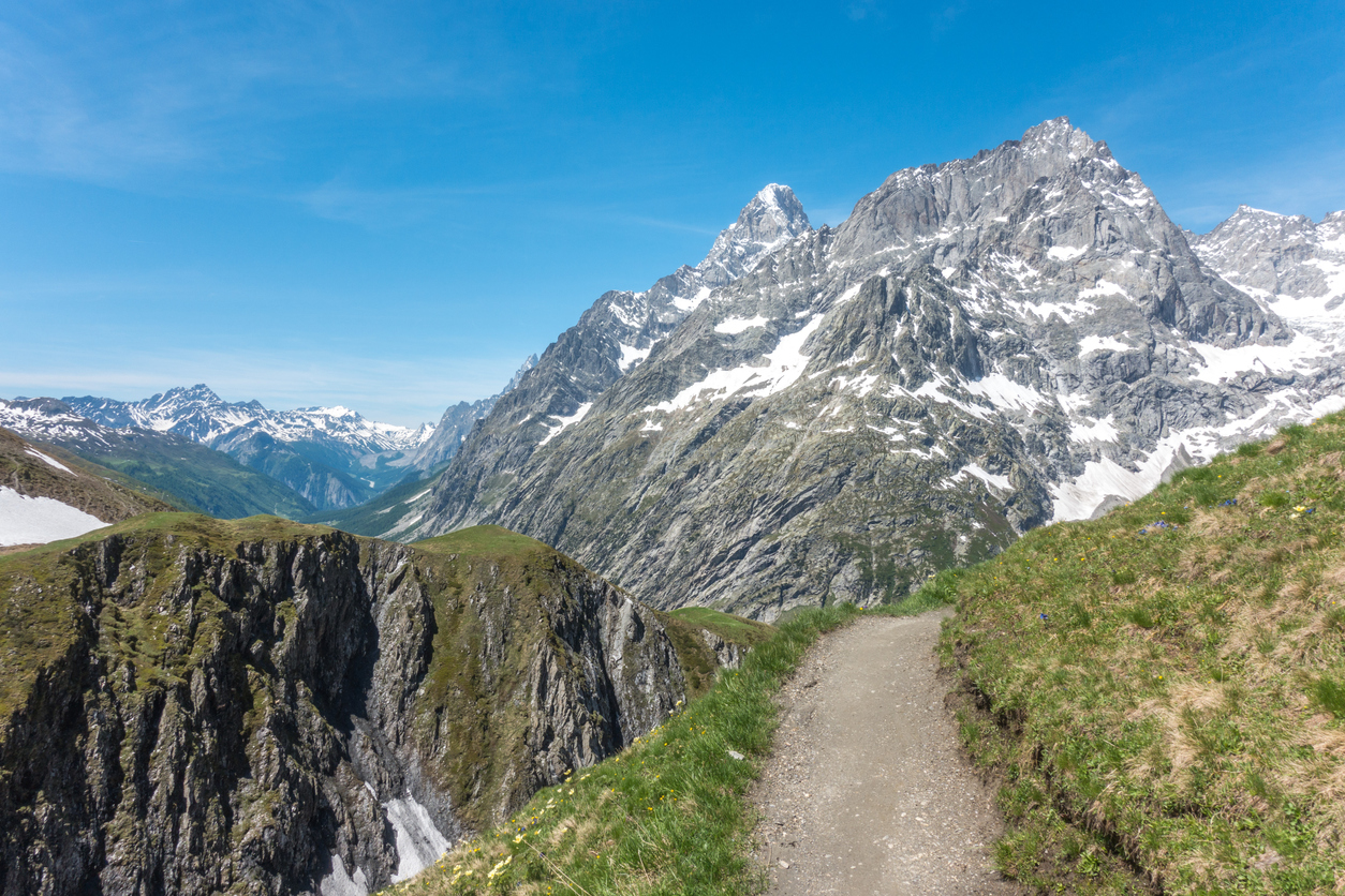 A hiking trail leading to the Ferret mountain pass, along the TMB.
