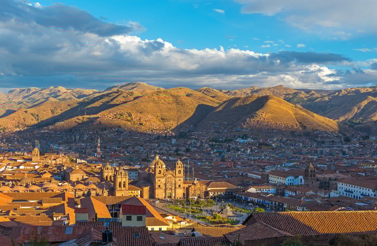 Aerial view of Cusco during sunset.