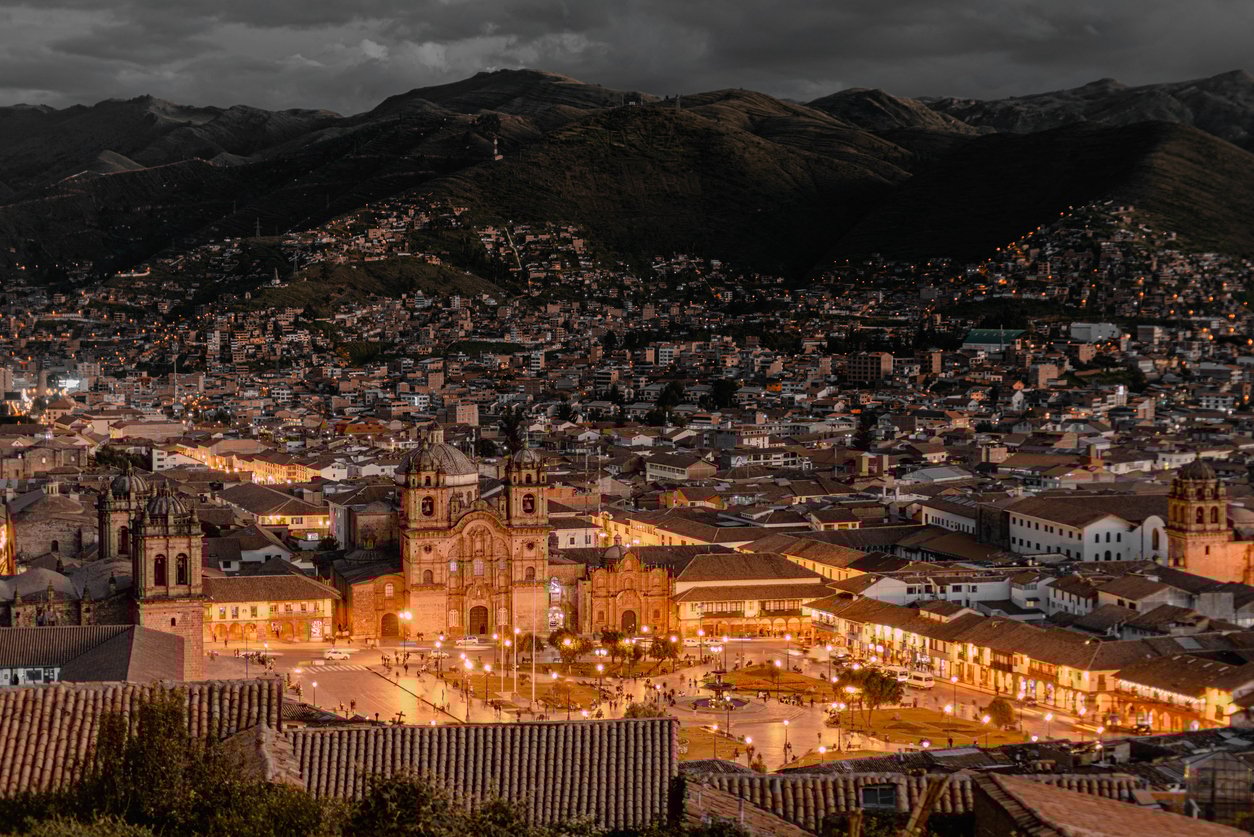 Aerial view of Cusco during the night.