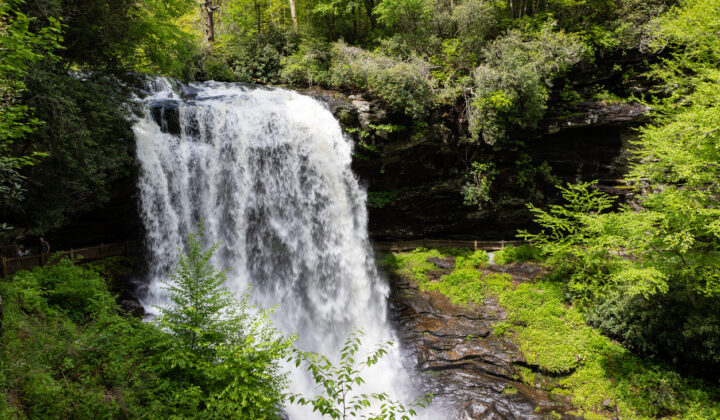 Dry Falls waterfall in the Nantahala National Forest in western North Carolina in the summer.