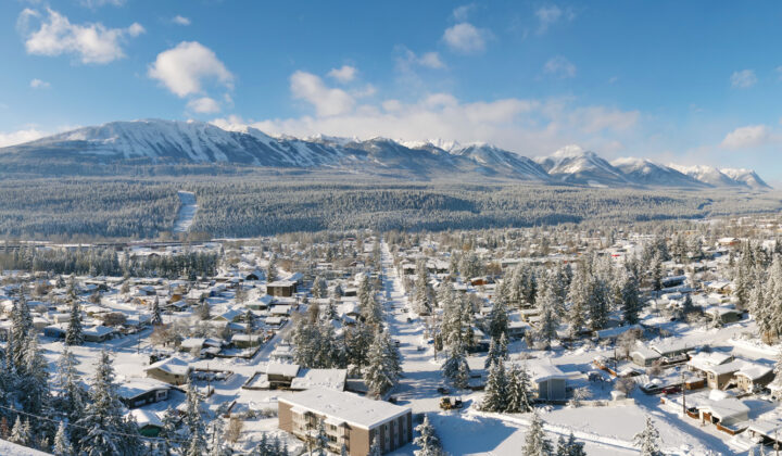 An aerial view of Golden, BC, during early spring.