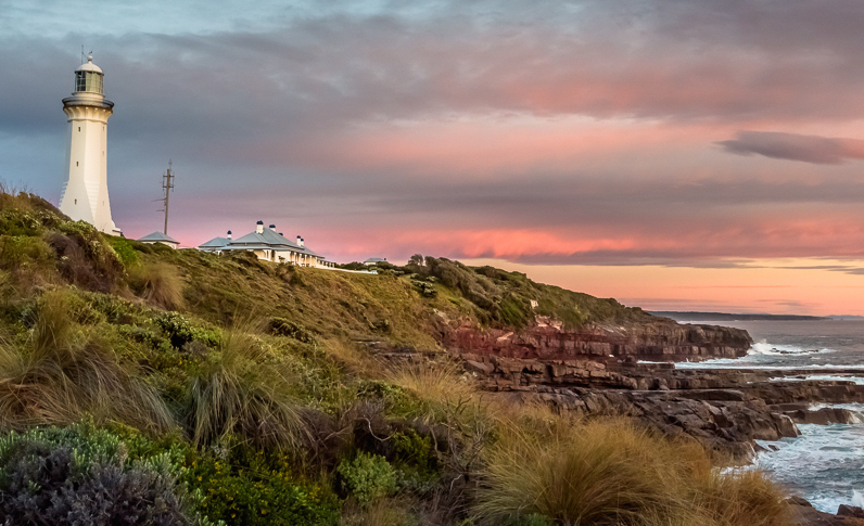 Green Cape Lighthouse at sunset.