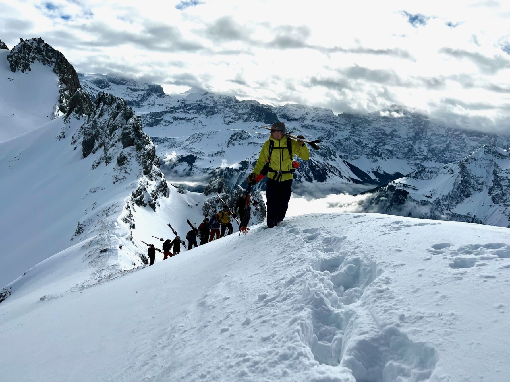Group of skiers in the Swiss Alps