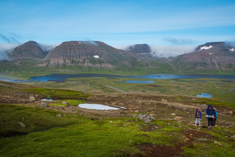 Basalt mountains surrounding a lake in the Hornstrandir Nature Reserve, Westfjords, Iceland.