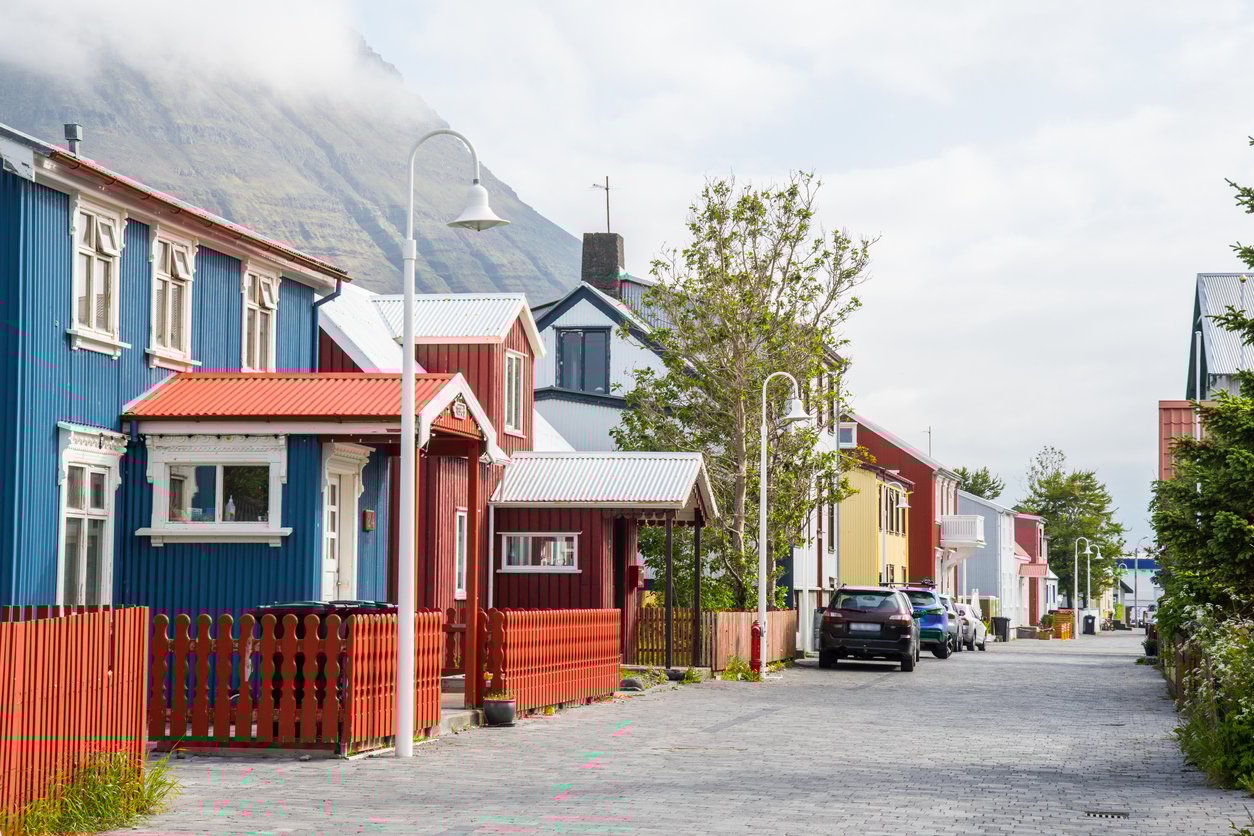 A street with typical Icelandic-Nordic houses in the town of Isafjordur, Westfjords, Iceland.