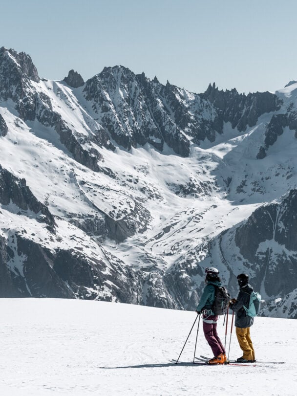 mont blanc skiers two looking