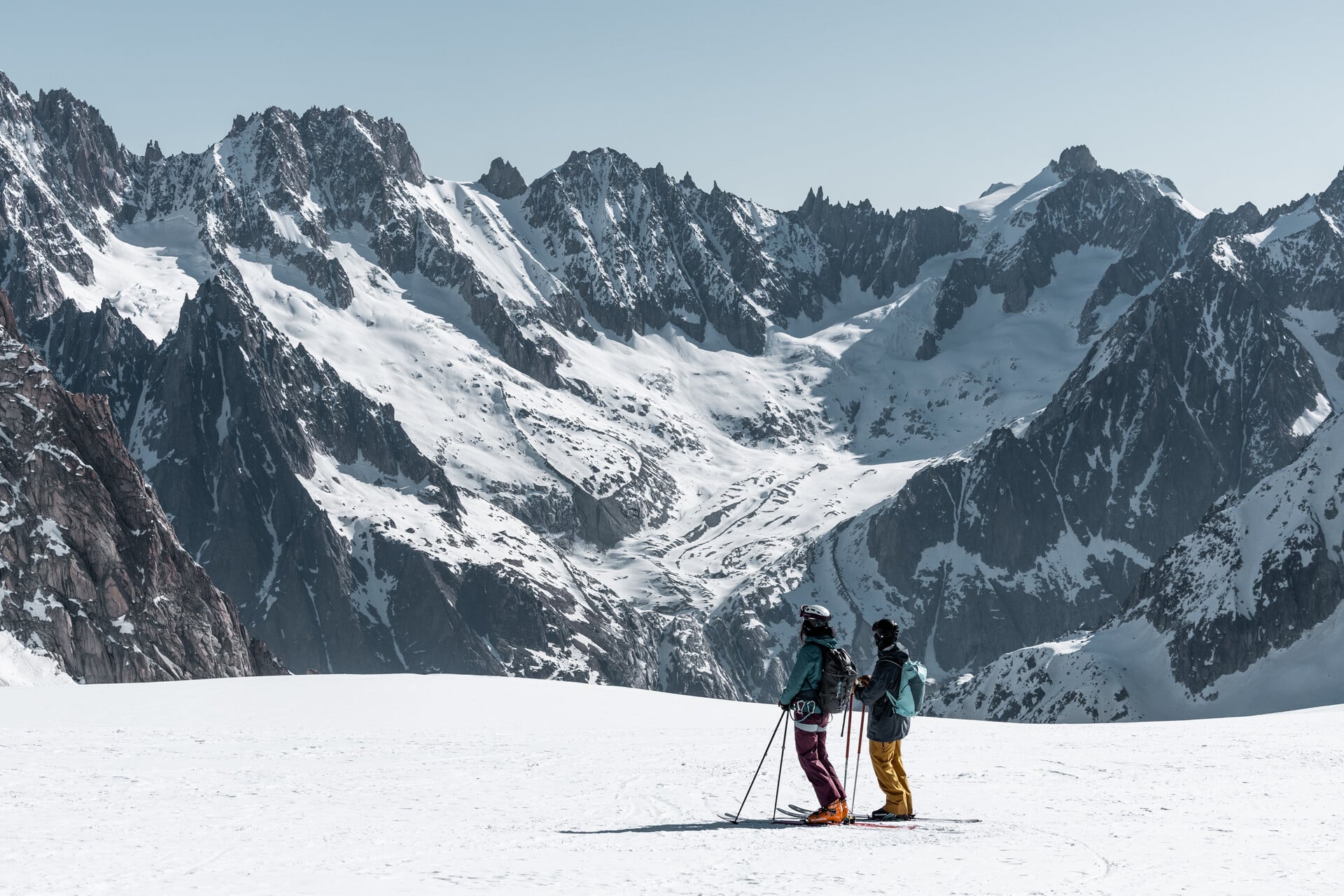 mont blanc skiers two looking