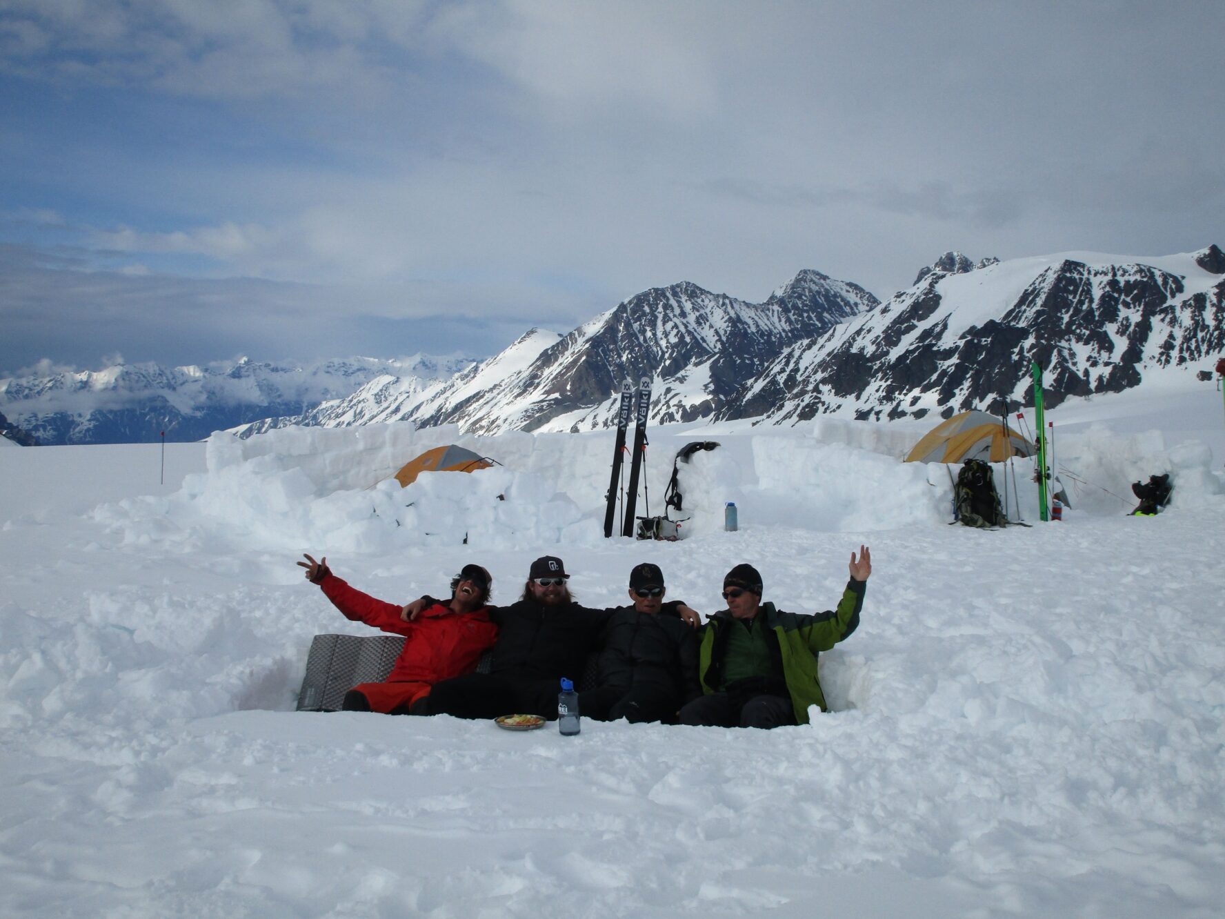 Skiers laughing in Chugach