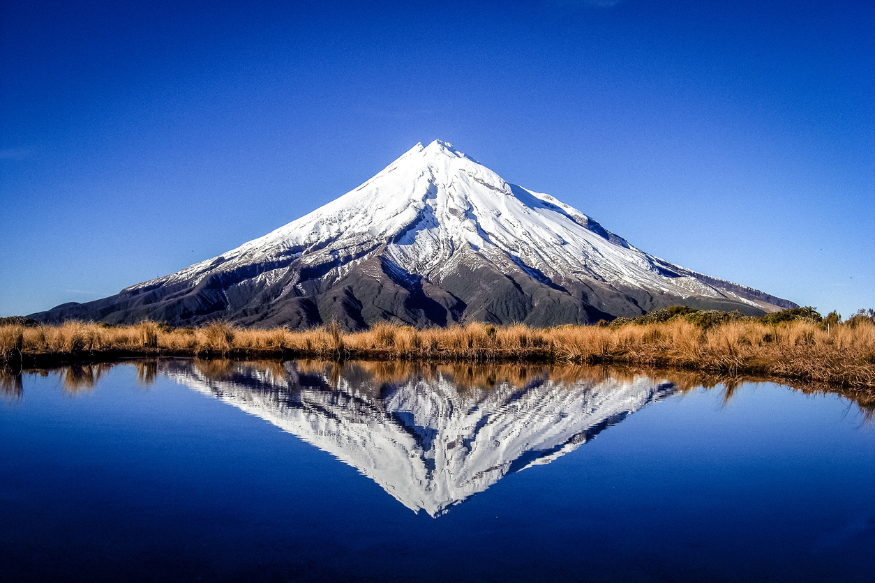 View to Mount Taranaki (Egmont) at clear sky.
