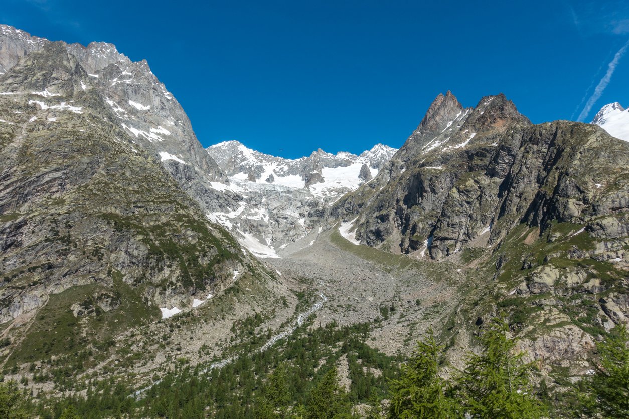 Rugged mountains seen from Col Ferret, along the Tour du Mont Blanc.
