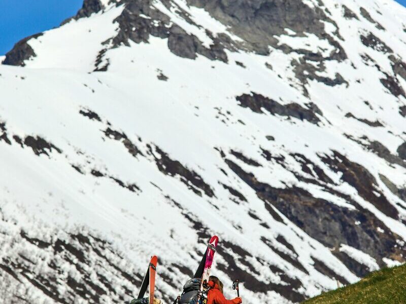 Walking up to a peak in the Lyngen Alps