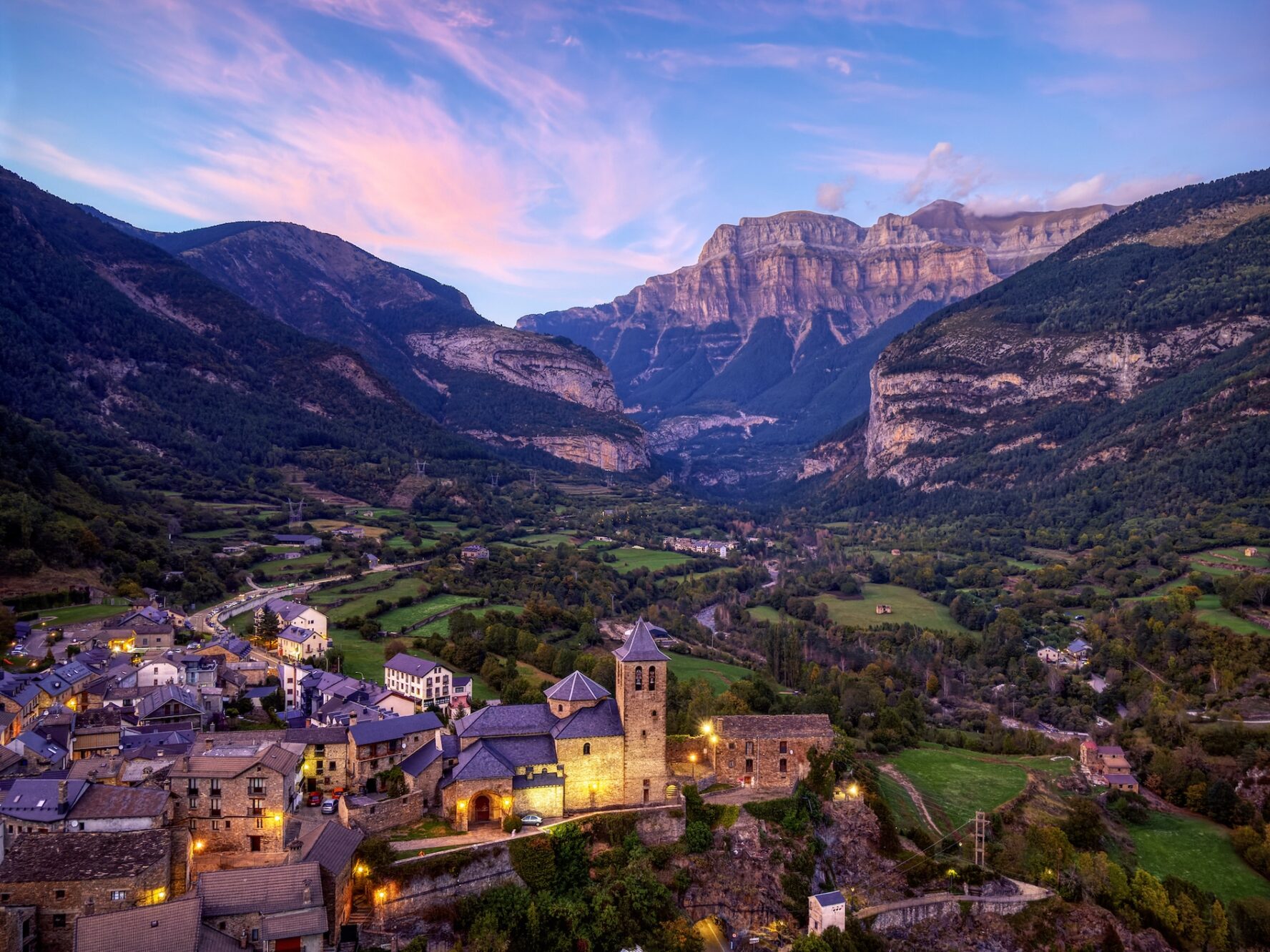Torla-Ordesa at sunset and the Ordesa & Monte Perdido National Park in pyrenees Spain