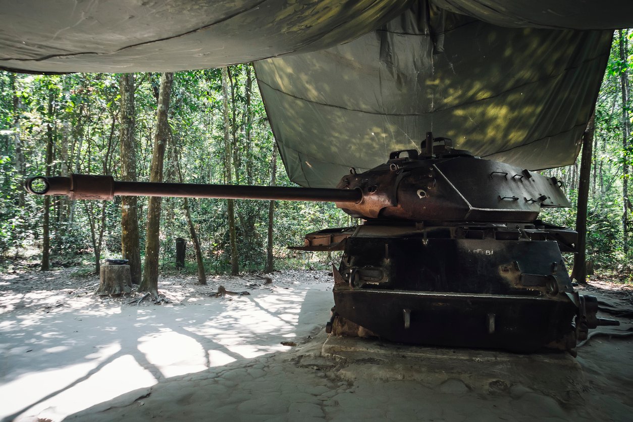 American Tank destroyed by Viet Congs in Cu Chi, Vietnam in 1970. Cu Chi suburban district of Ho Chi Minh city