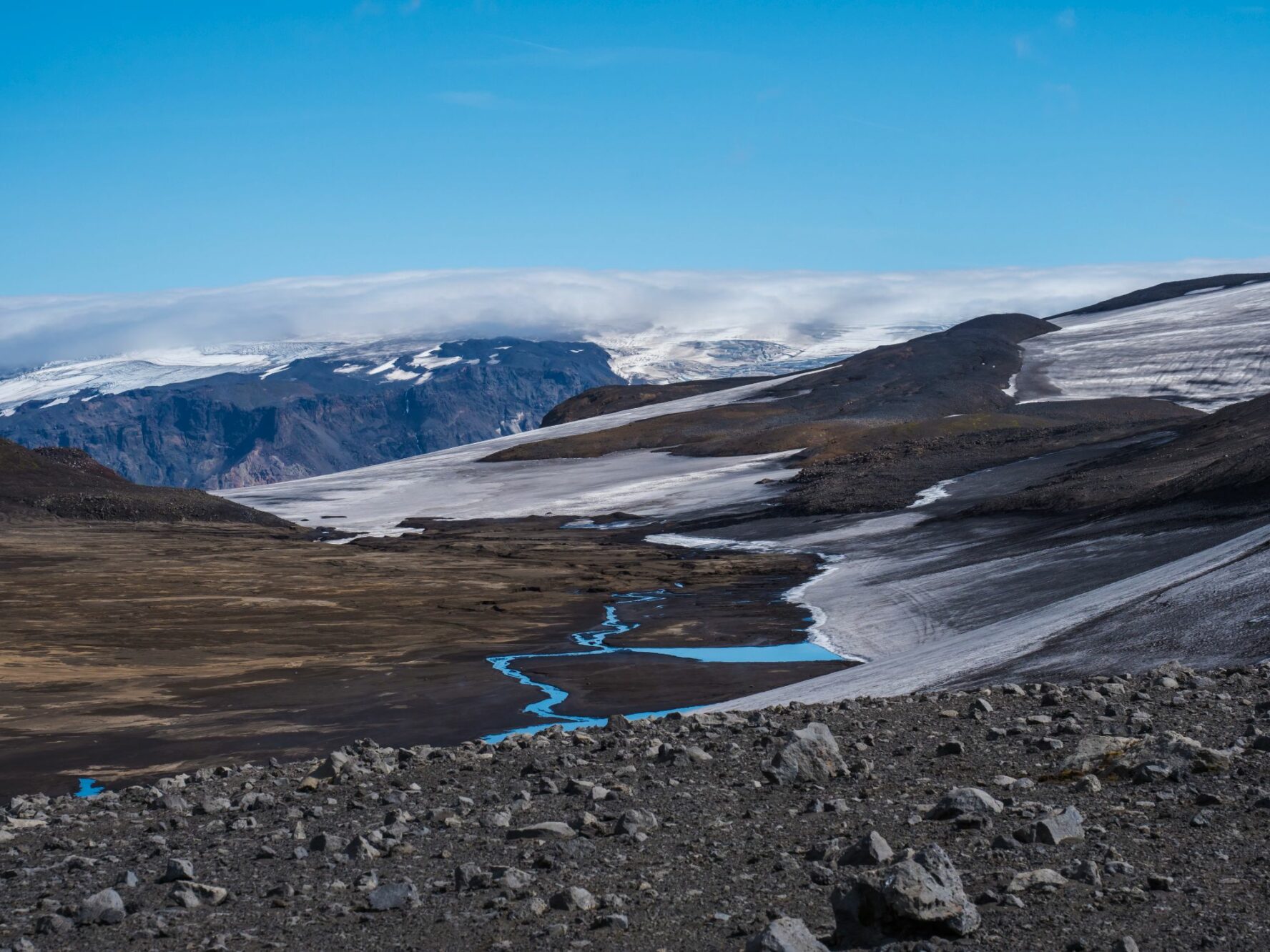 Glacial and volcanic landscape seen during the Fimmvorduhals hike in Thorsmork, Iceland.
