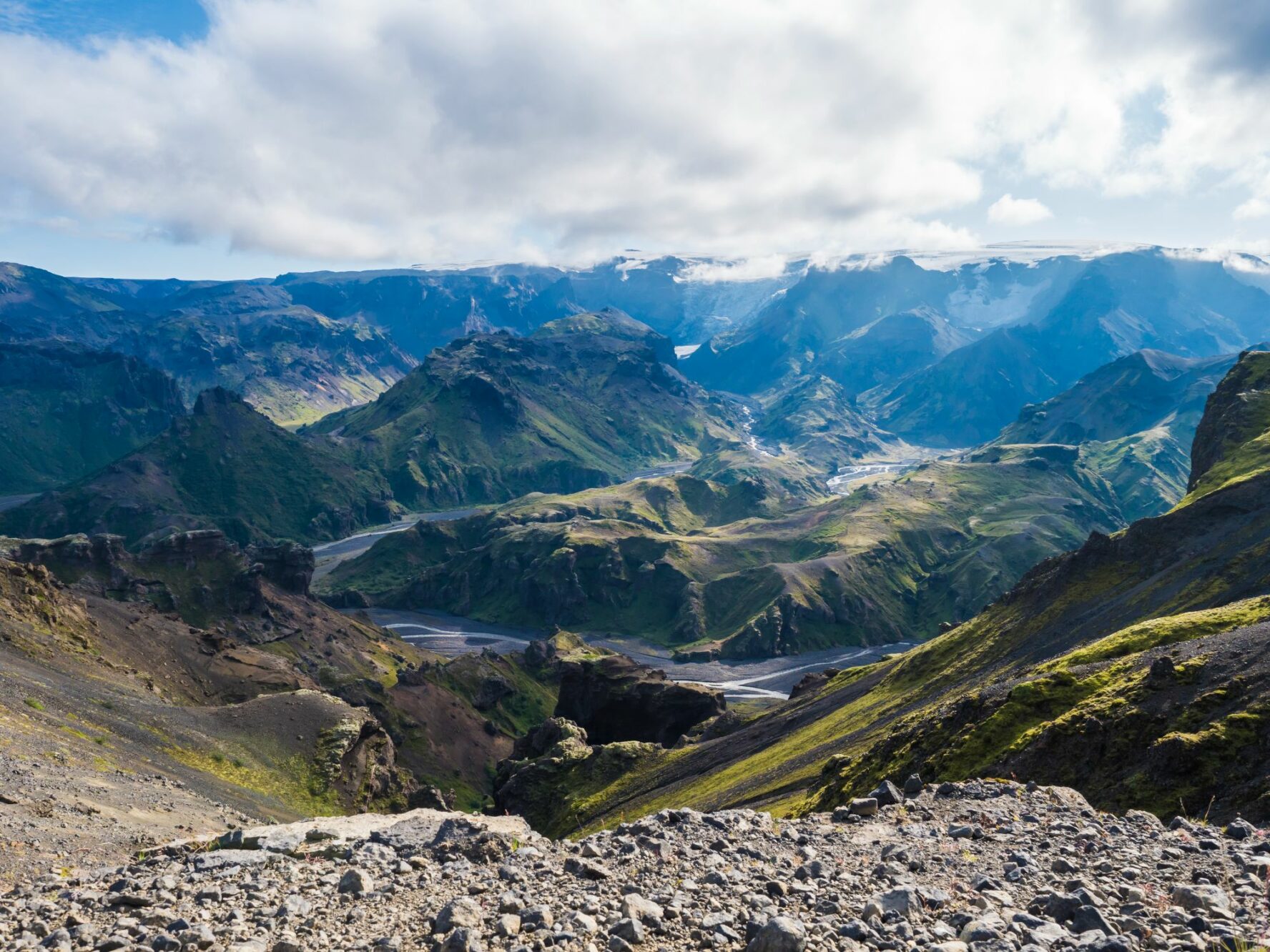 Panoramic views of rugged Icelandic landscapes seen while on the Fimmvorduhals hike in Thorsmork.