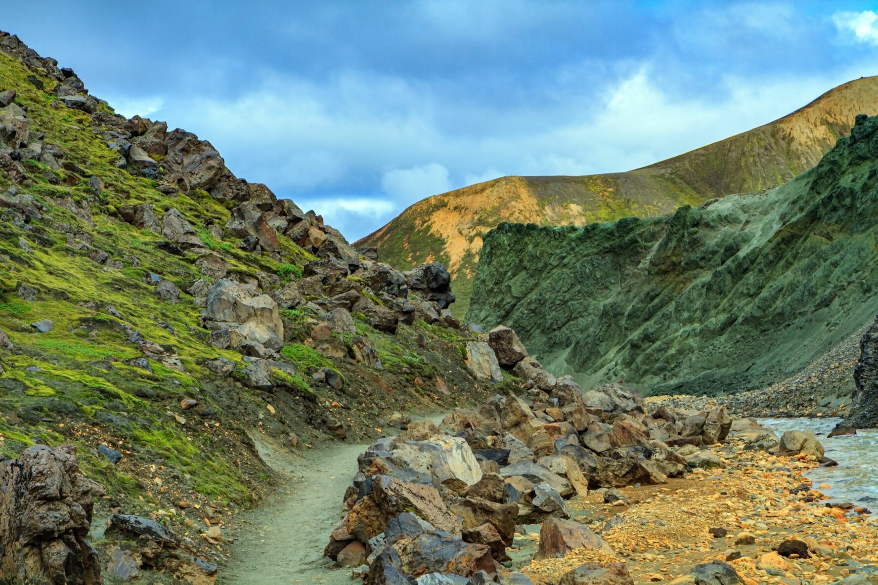 Landscapes of a green mountain seen during a hike in Landmannalaugar, Iceland.