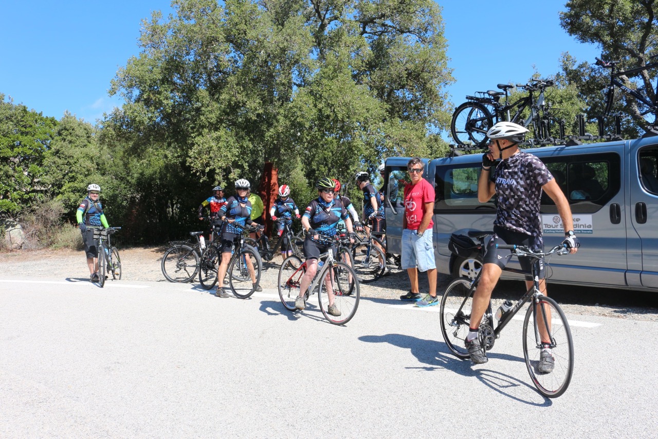 Group of cyclists with van support on Sardinia and Corsica trip
