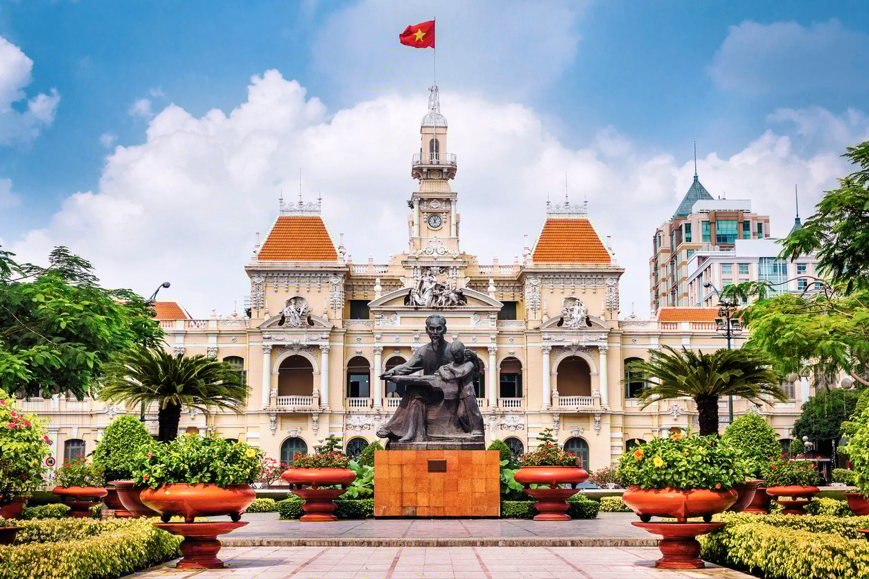 The Ho Chi Minh City Hall, built 1902-1908 in a French colonial style in Ho Chi Minh City (Saigon), Vietnam.