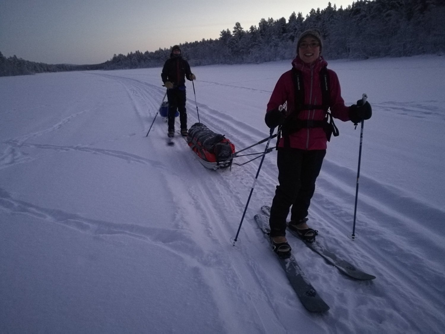 Skiers skinning through the backcountry