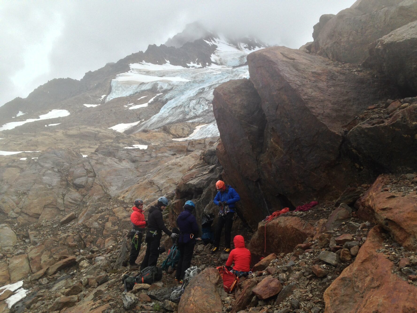Mountaineers practicing their skills in the foggy Chugach Mountains, Alaska