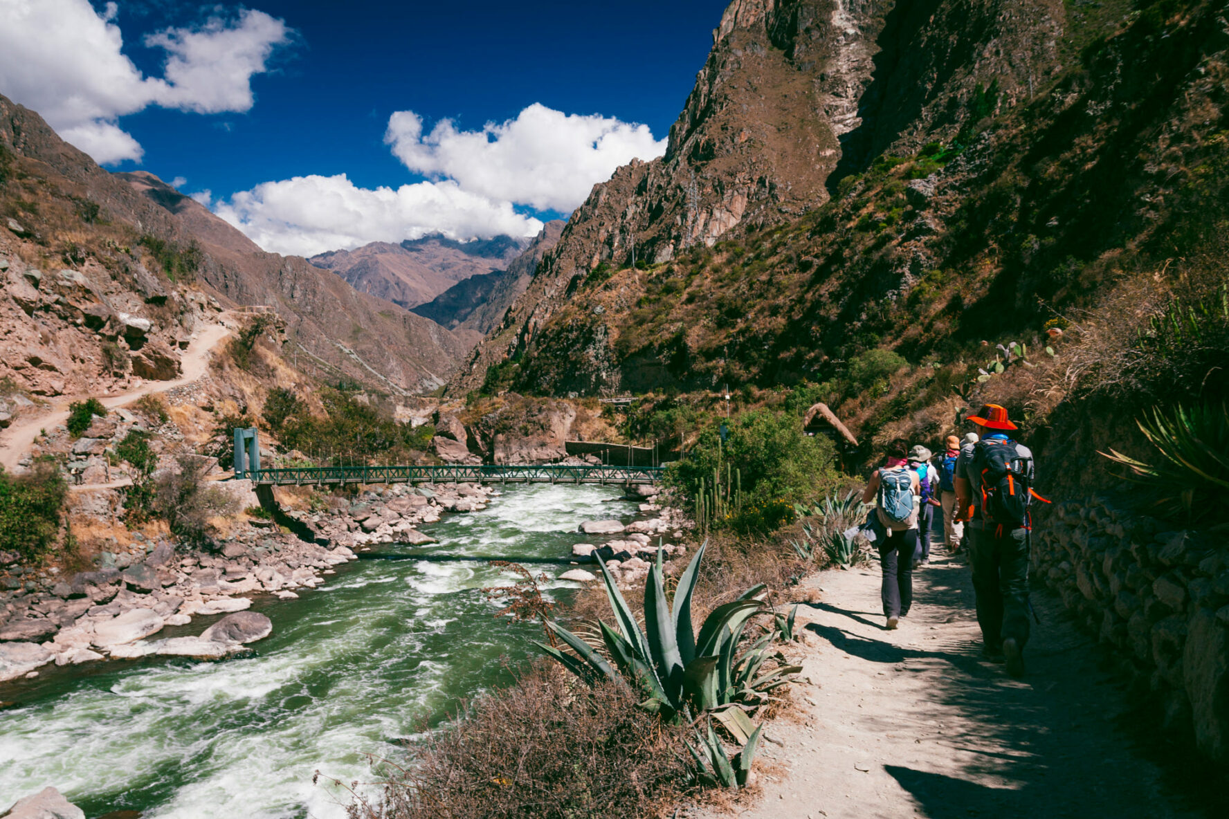 Inca Trail hikers about to cross the Urubamba river.
