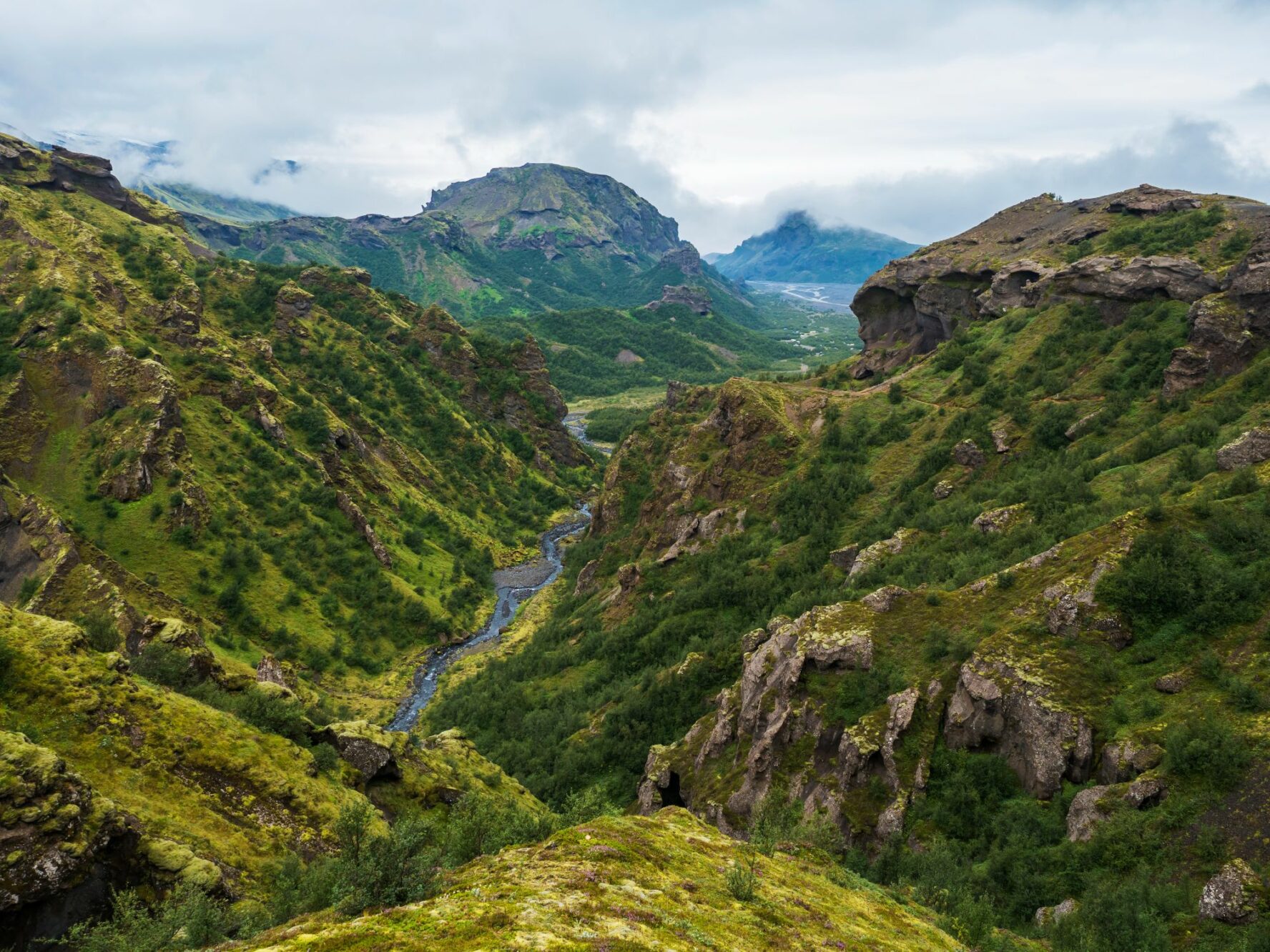 Lush green and scenic river canyon in Thorsmork, Iceland.
