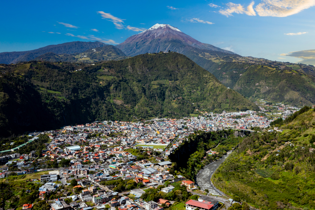 Tungurahua volcano with Banos beneath