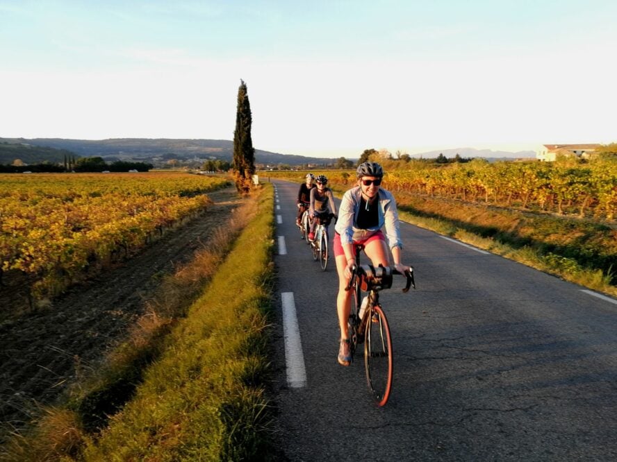 A cyclist on a road taking her through the Provencal countryside.