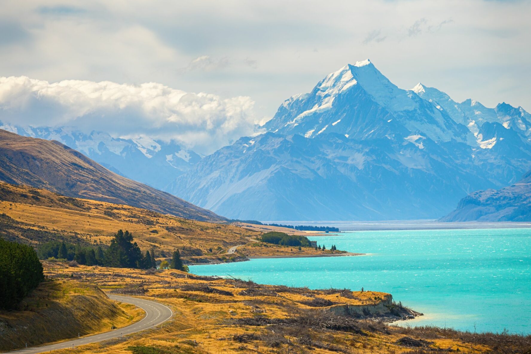 Lake Pukaki and Mt Cook seen while riding the Alps to Ocean Cycle Trail in New Zealand.