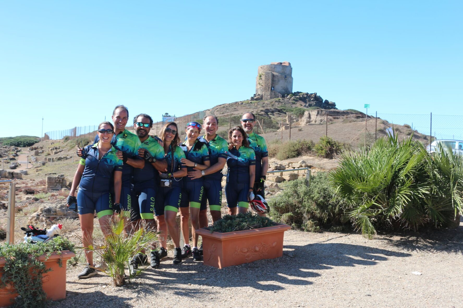 Ruins in Sardinia and cyclists