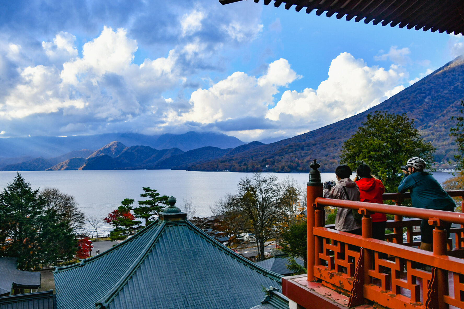 View of a lake from a balcony of a Japanese palace near Nasu.