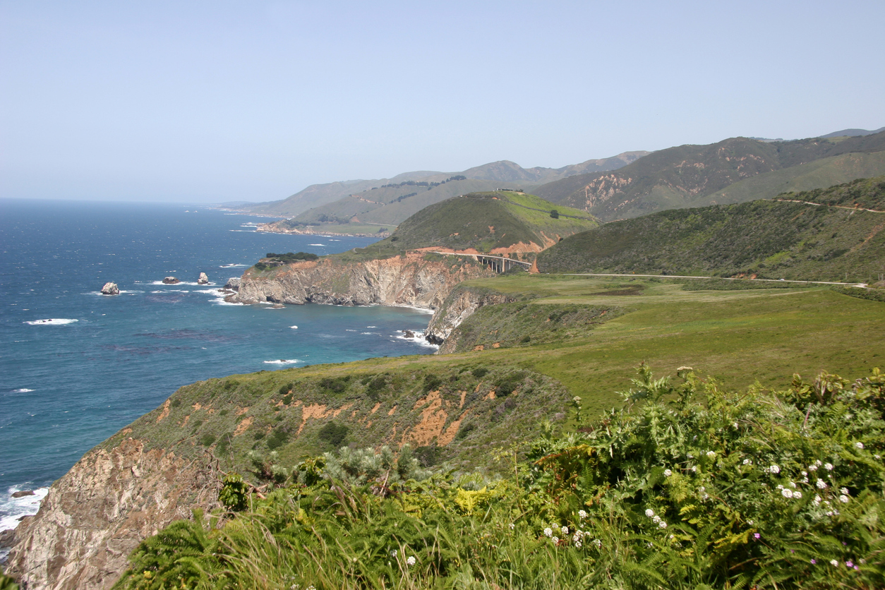 Big Sur #1 Highway with Cliffs and Bixby Bridge in Background. South of Carmel California.Springtime.