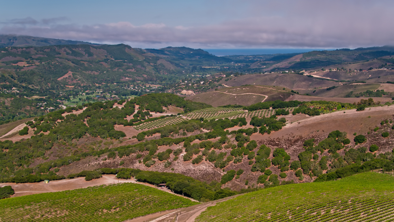 Aerial shot of farmland in Carmel Valley, California near Monterey on a sunny day in summer.